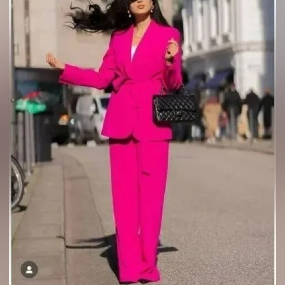 ZARA Zw co-ord set Tuxedo Collar Blazer Belted + Pants neon Fuschia Sz M BNWT - Picture 4 of 15